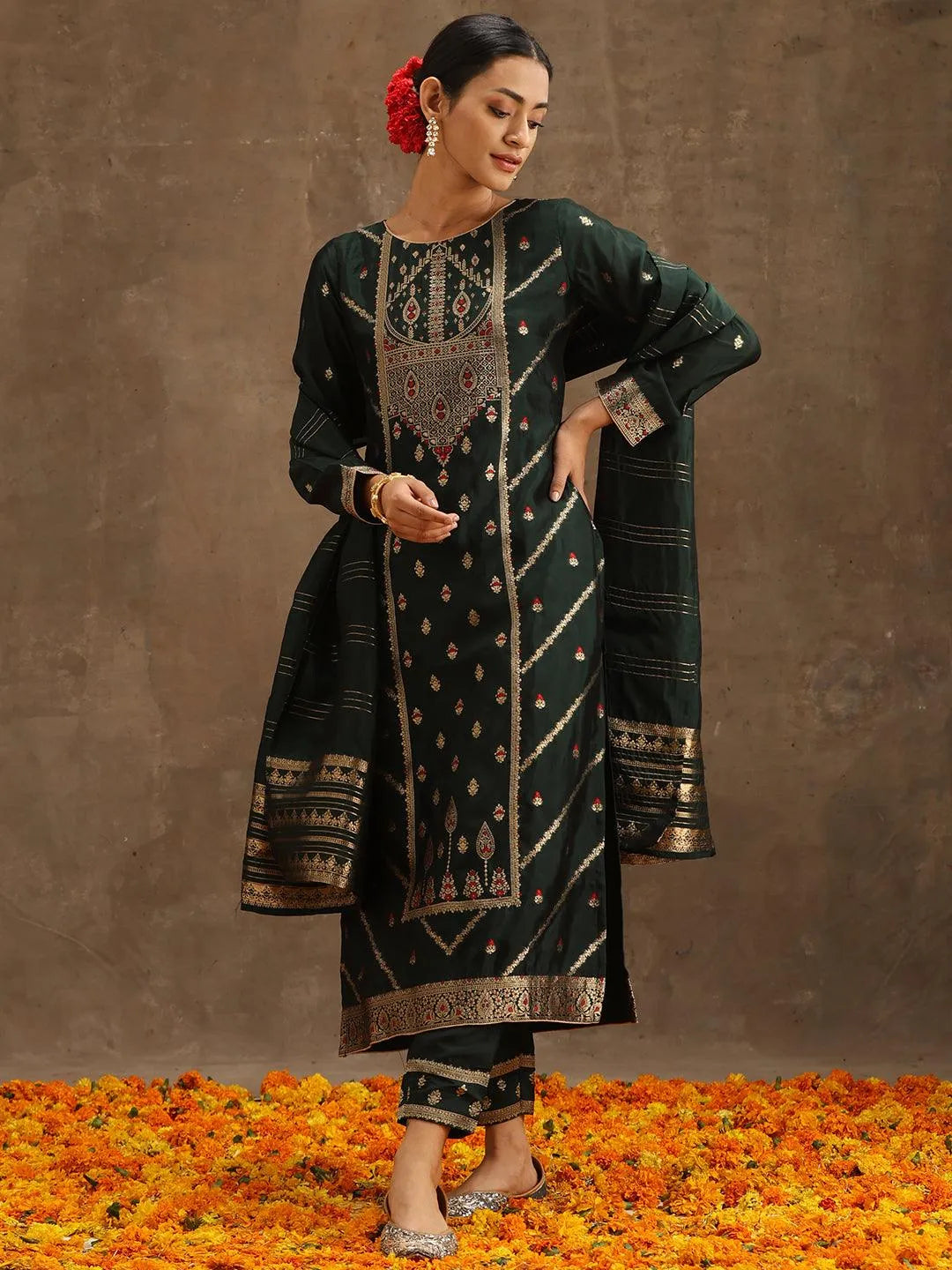 Green Woven Design Silk Blend Straight Suit Set With Trousers - Libas