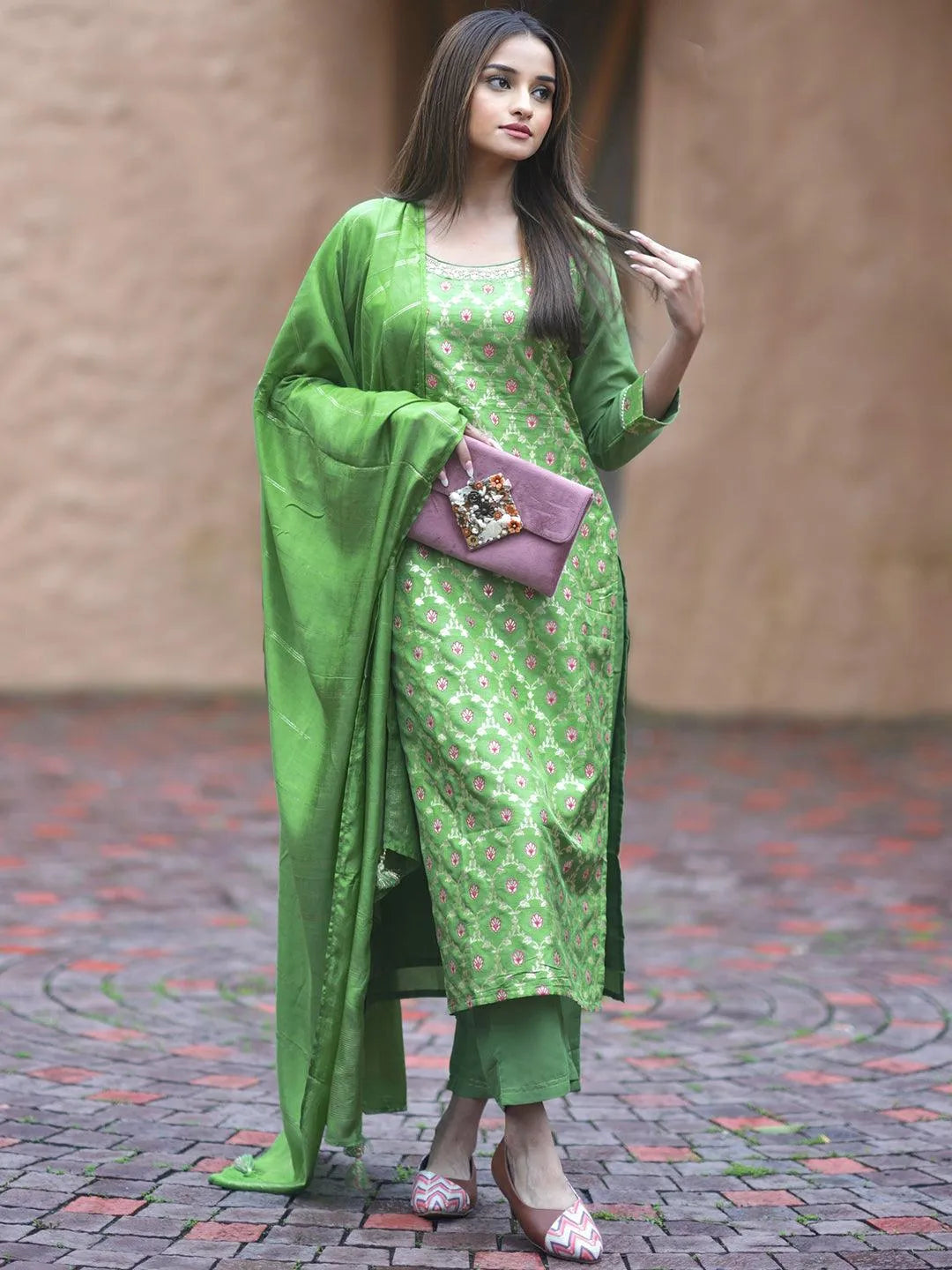 Green Woven Design Silk Blend Straight Kurta With Trousers & Dupatta - Libas 