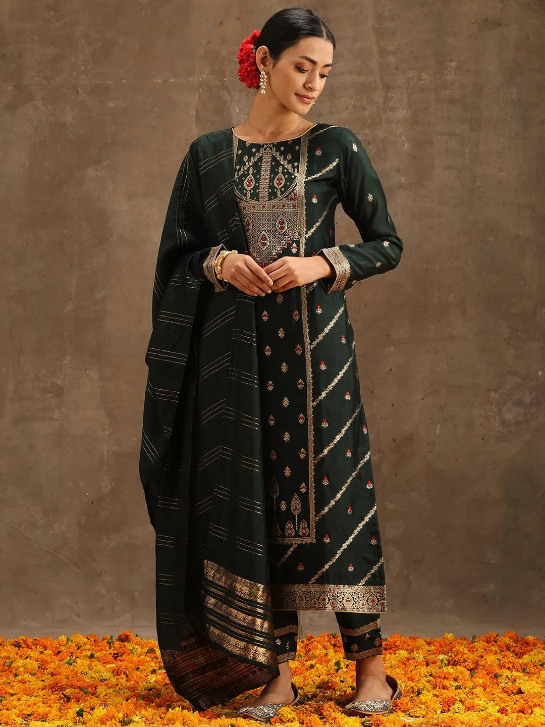 Green Woven Design Silk Blend Straight Suit Set With Trousers - Libas 