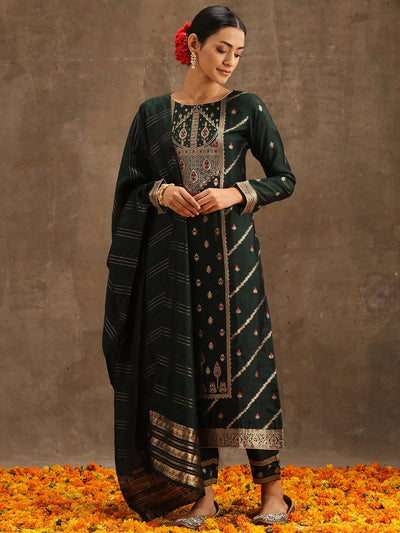 Green Woven Design Silk Blend Straight Suit Set With Trousers - Libas