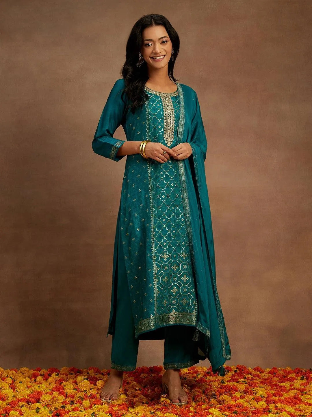 Green Woven Design Silk Blend Straight Kurta With Trousers & Dupatta - Libas 