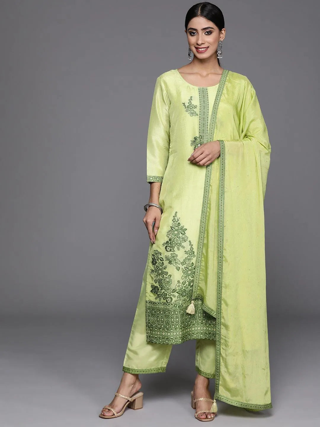 Green Woven Design Silk Blend Straight Kurta With Trousers & Dupatta - Libas 