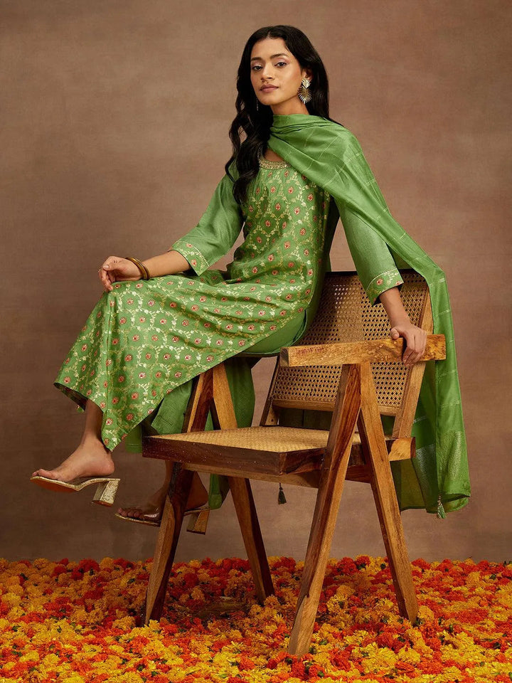 Green Woven Design Silk Blend Straight Kurta With Trousers & Dupatta - Libas