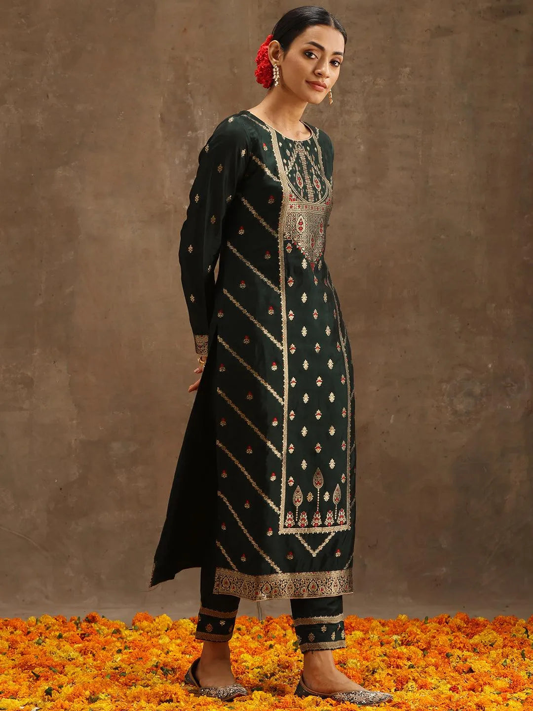 Green Woven Design Silk Blend Straight Suit Set With Trousers - Libas 