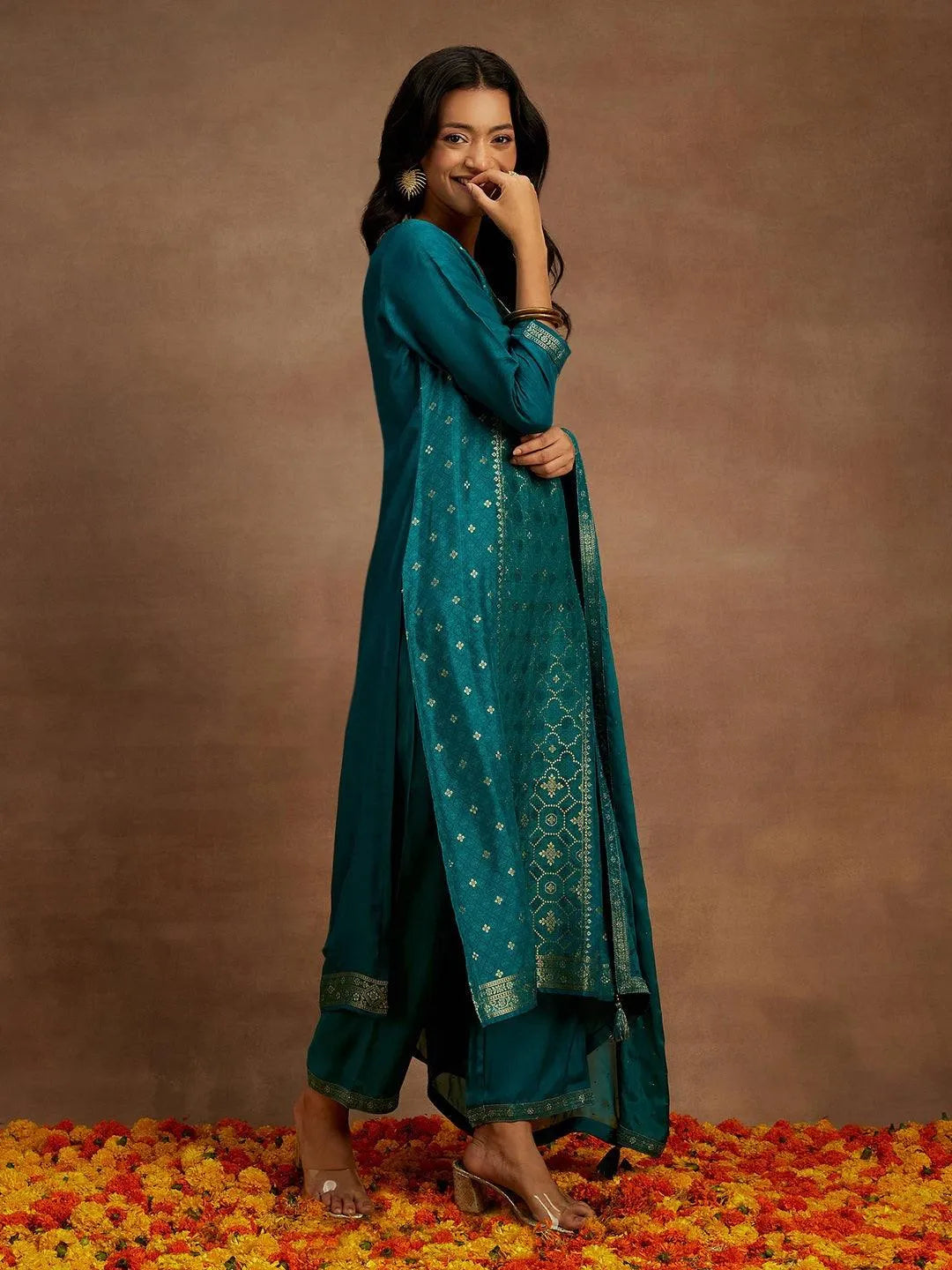 Green Woven Design Silk Blend Straight Kurta With Trousers & Dupatta - Libas