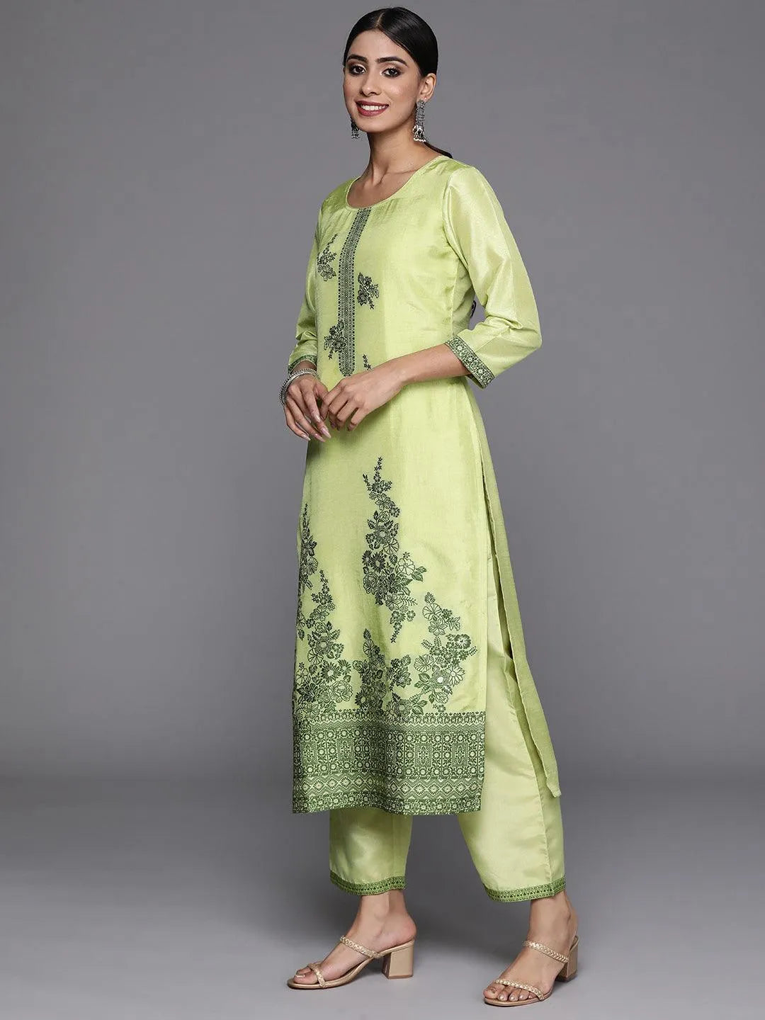 Green Woven Design Silk Blend Straight Kurta With Trousers & Dupatta - Libas 