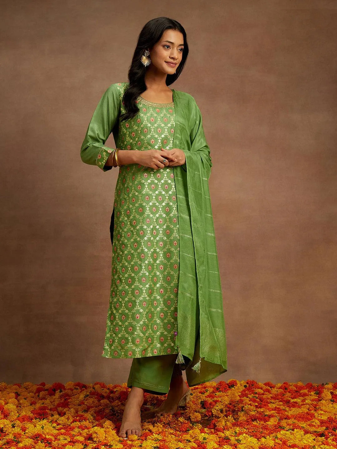 Green Woven Design Silk Blend Straight Kurta With Trousers & Dupatta - Libas 
