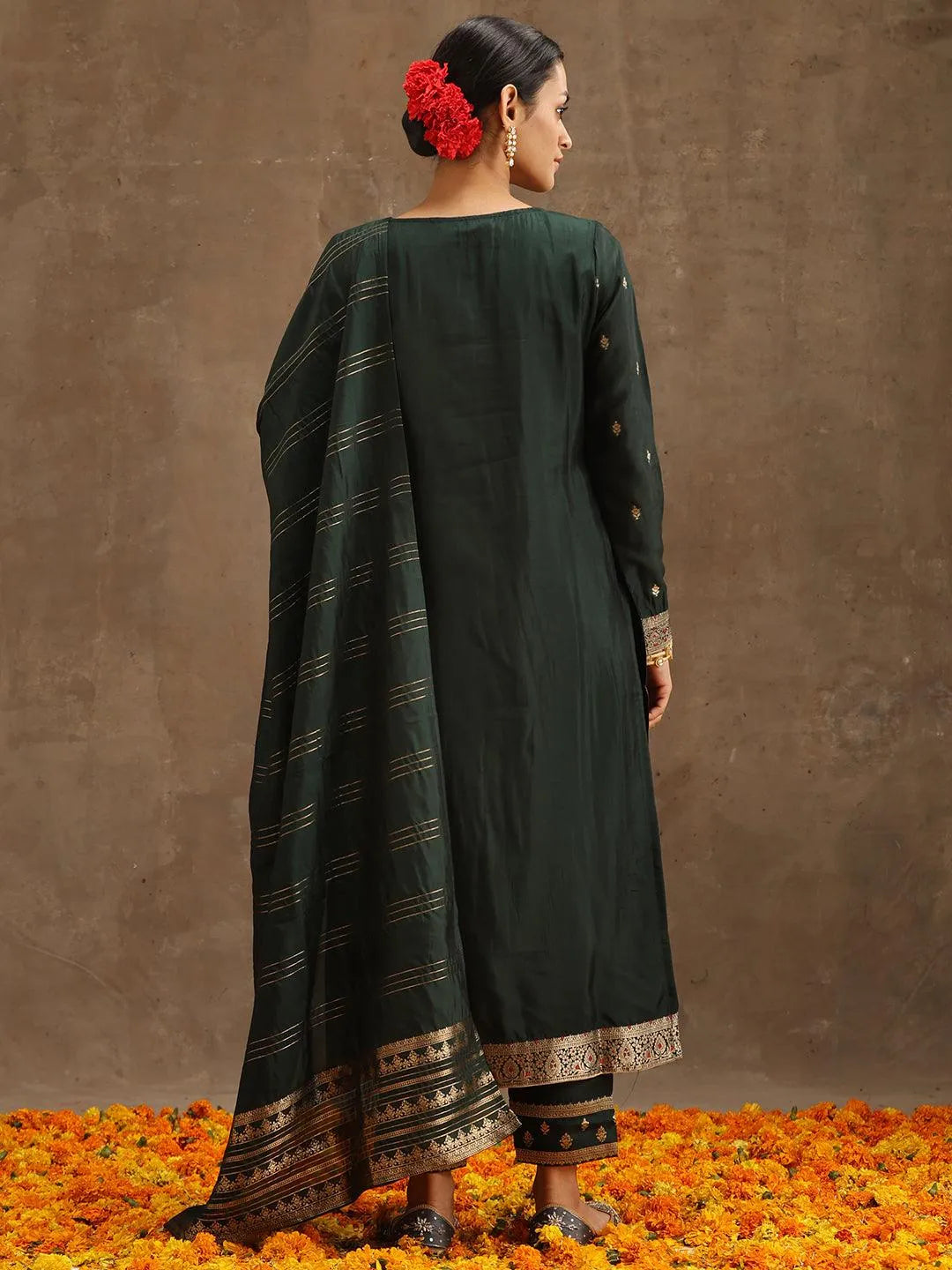 Green Woven Design Silk Blend Straight Suit Set With Trousers - Libas 