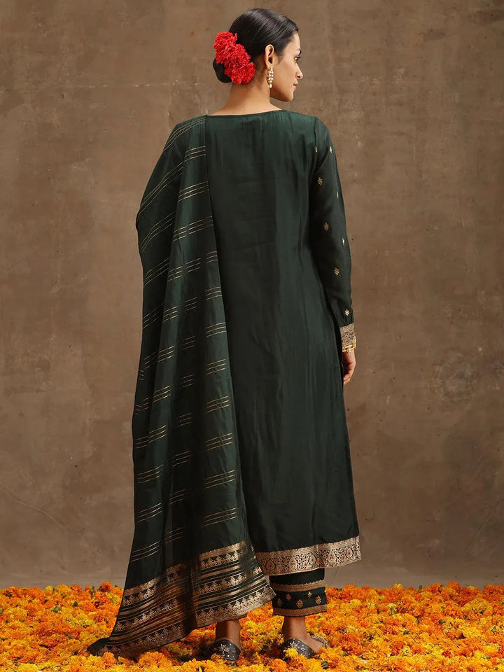 Green Woven Design Silk Blend Straight Suit Set With Trousers - Libas
