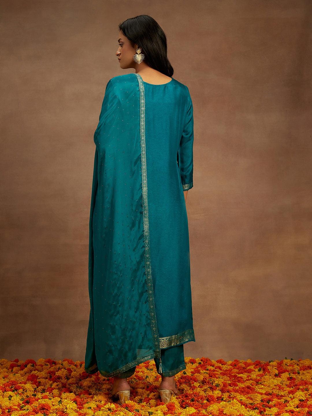 Green Woven Design Silk Blend Straight Suit With Dupatta
