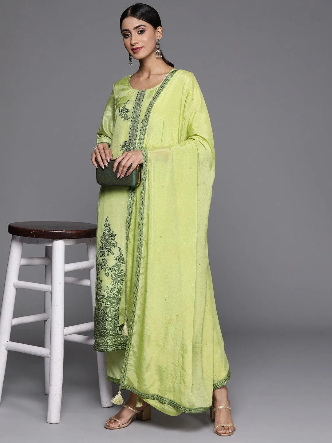 Green Woven Design Silk Blend Straight Kurta With Trousers & Dupatta - Libas 