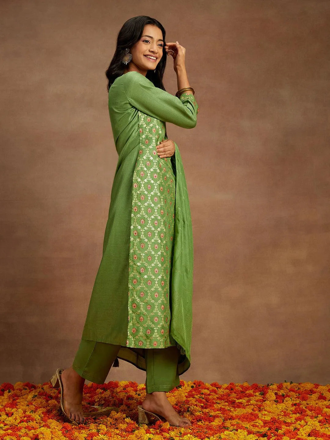 Green Woven Design Silk Blend Straight Kurta With Trousers & Dupatta - Libas 