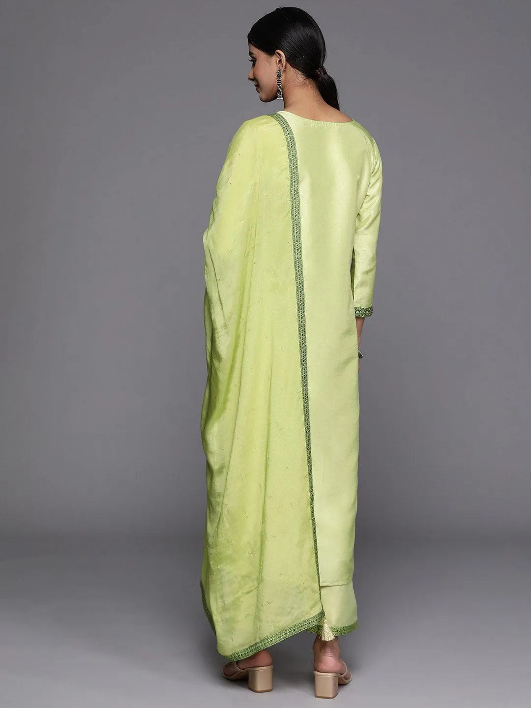 Green Woven Design Silk Blend Straight Kurta With Trousers & Dupatta - Libas 