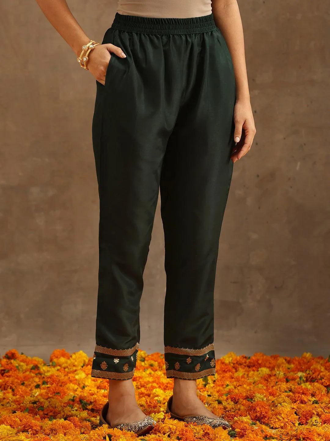 Green Woven Design Silk Blend Straight Suit Set With Trousers - Libas 