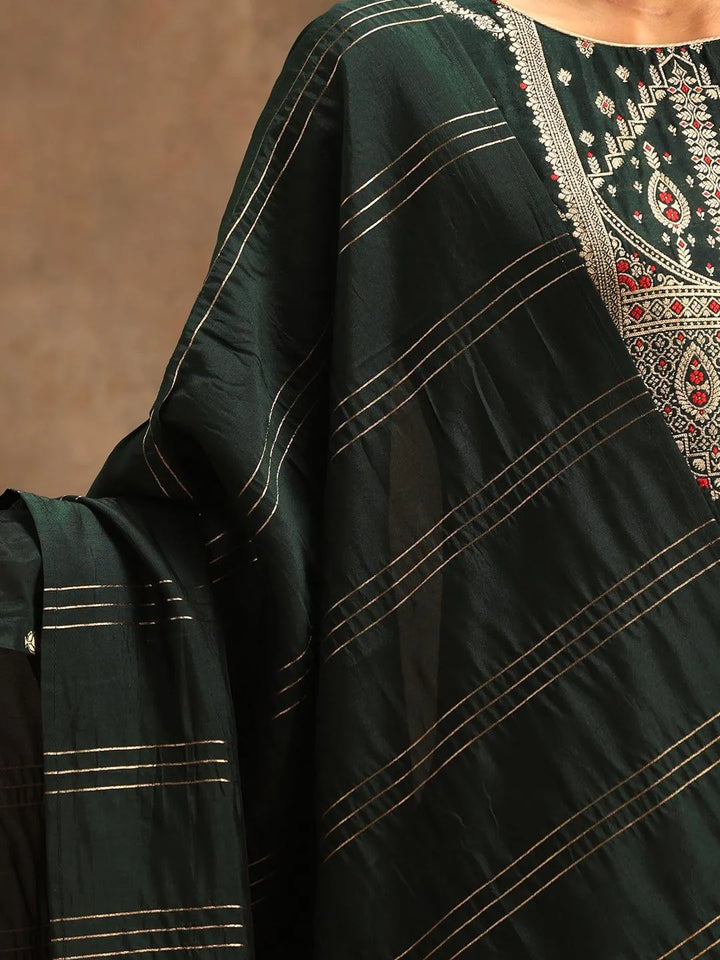 Green Woven Design Silk Blend Straight Suit Set With Trousers - Libas
