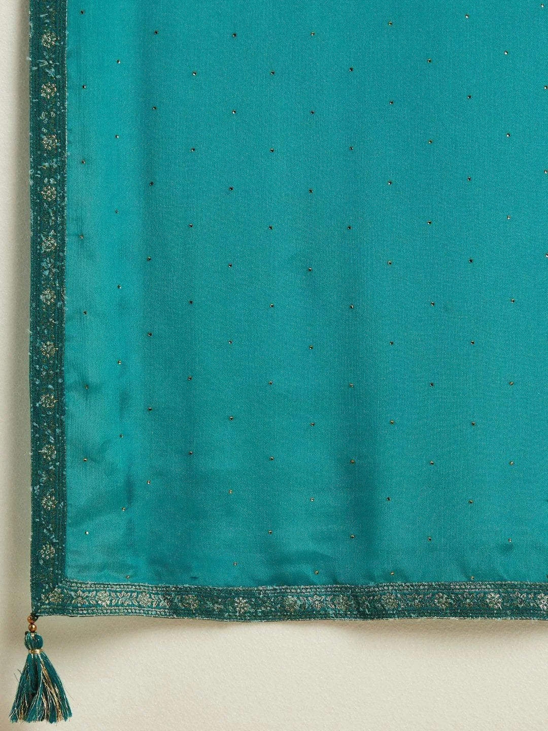 Green Woven Design Silk Blend Straight Kurta With Trousers & Dupatta - Libas 
