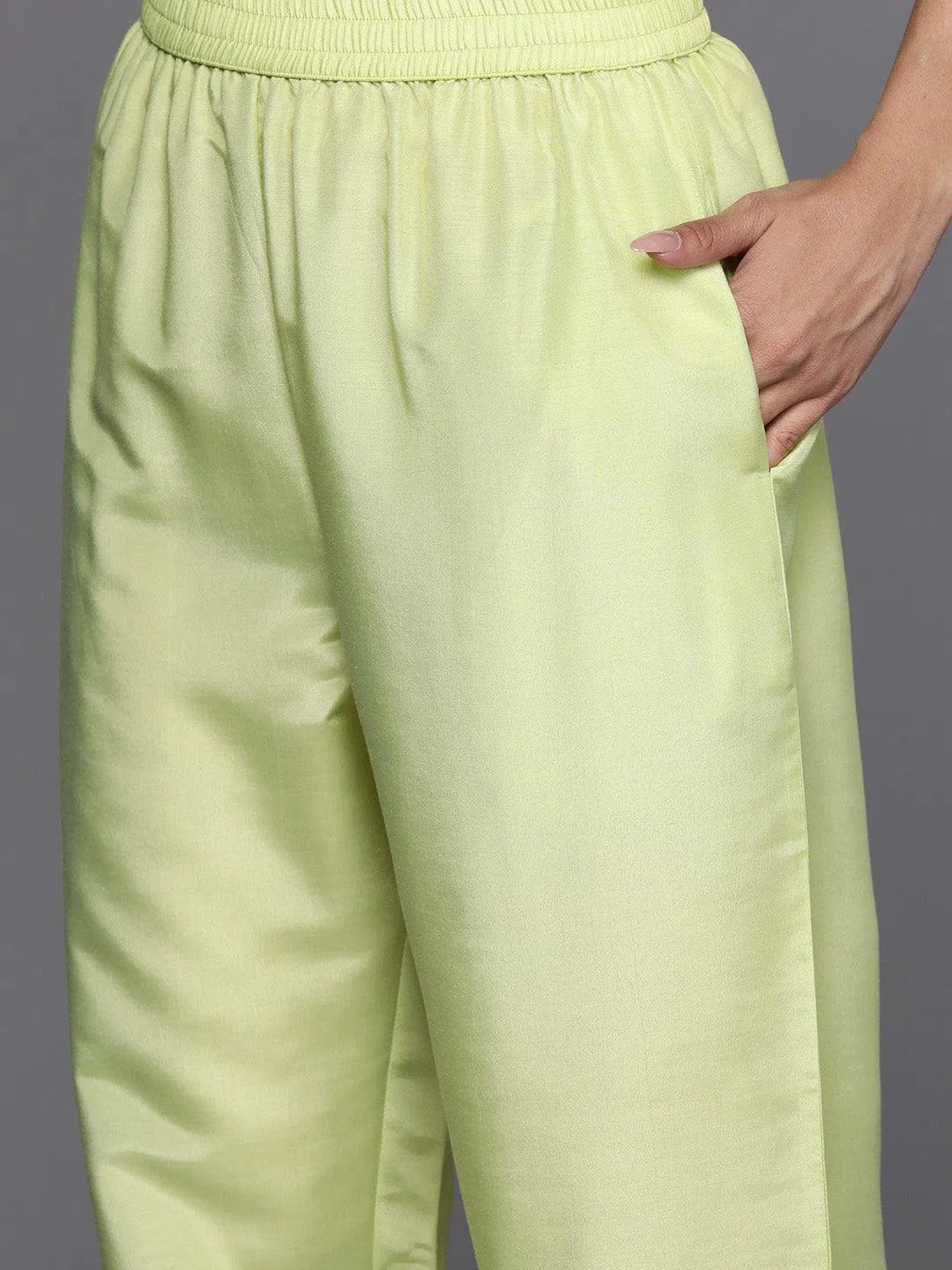 Green Woven Design Silk Blend Straight Kurta With Trousers & Dupatta - Libas 