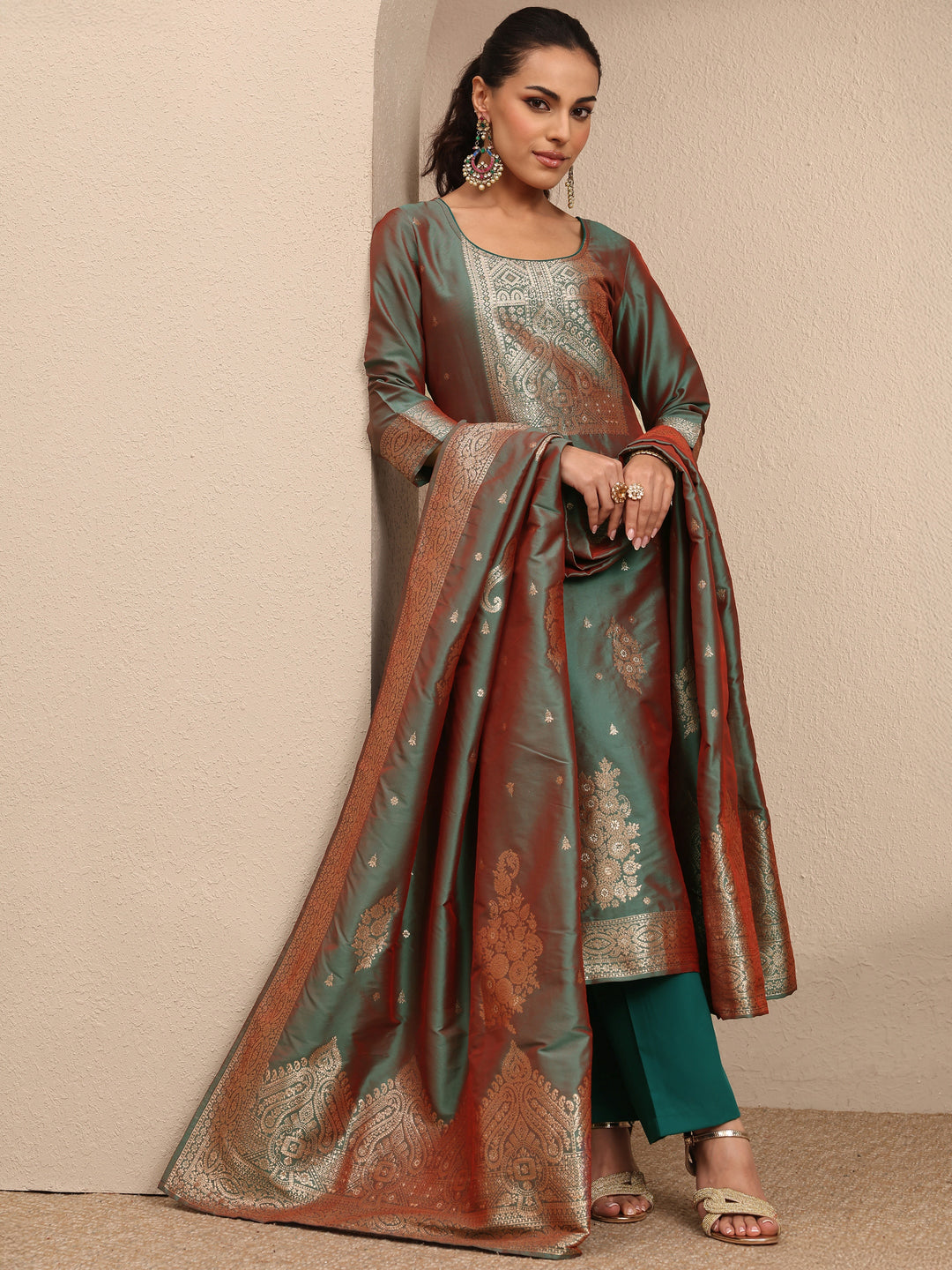 Green Woven Design Silk Blend Straight Suit Set With Dupatta