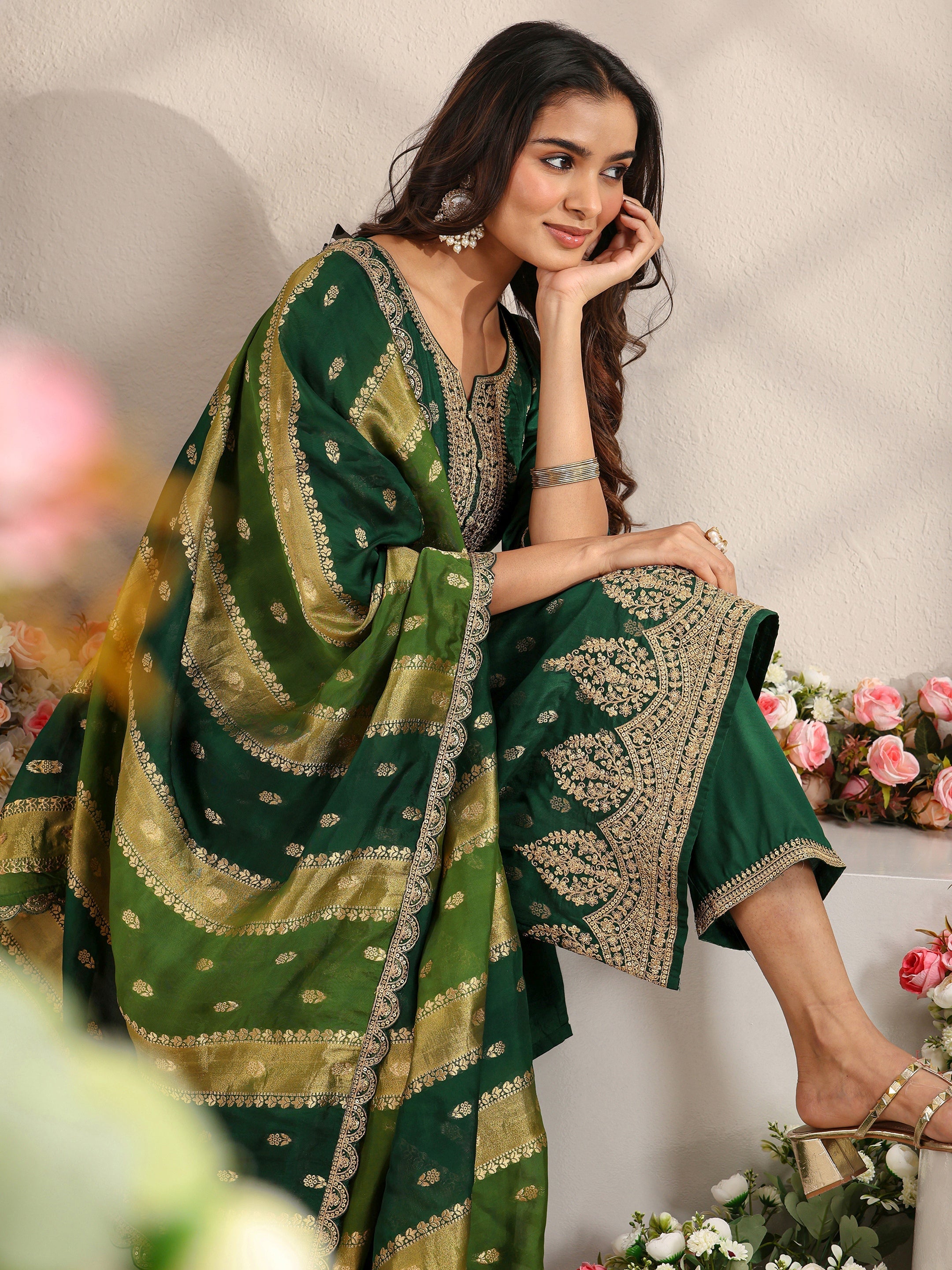 libas Green Woven Design Silk Blend Straight Suit Set With Dupatta-picture-53