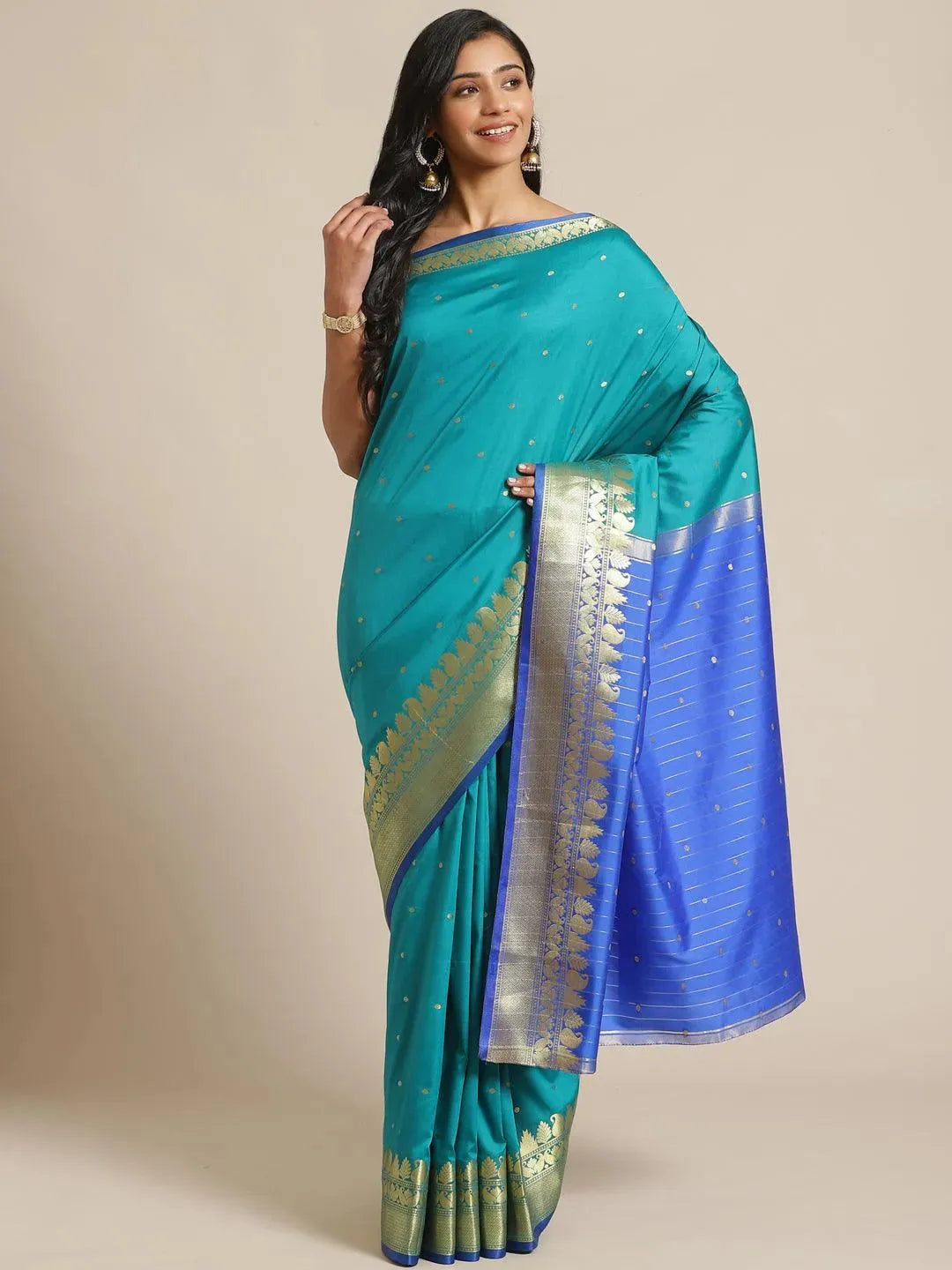 Green Woven Design Silk Saree - Libas