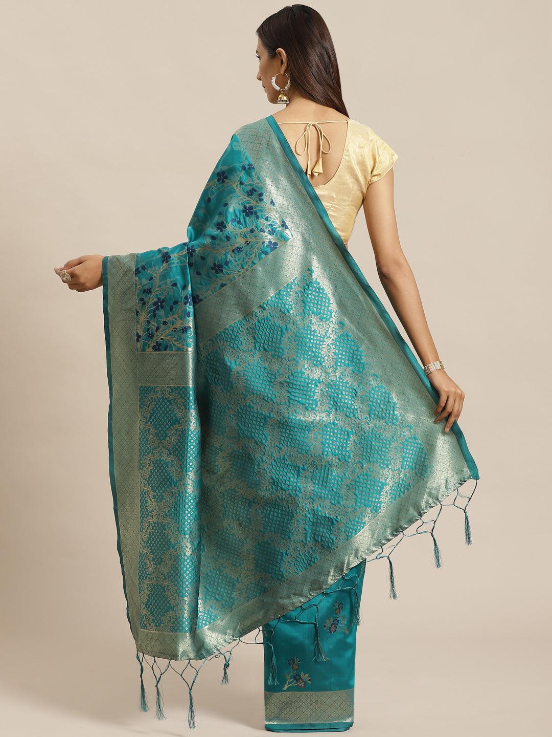 Green Woven Design Silk Saree - Libas