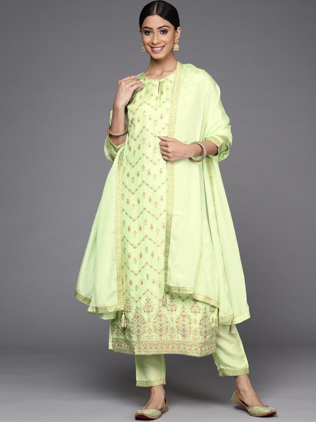 Green Woven Design Silk Suit Set - Libas