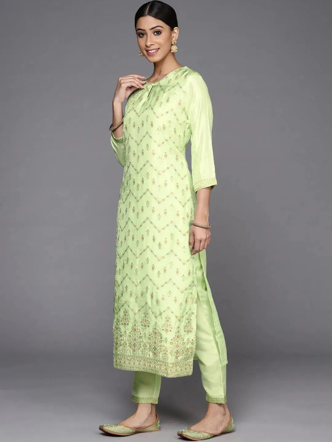 Green Woven Design Silk Suit Set - Libas