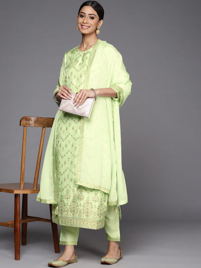Green Woven Design Silk Suit Set - Libas