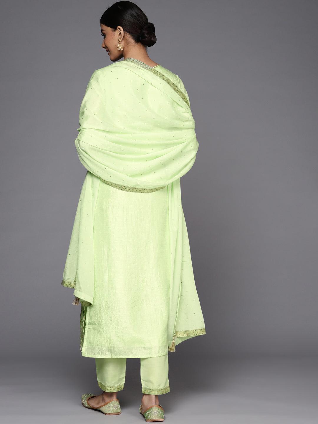 Green Woven Design Silk Straight Kurta With Dupatta