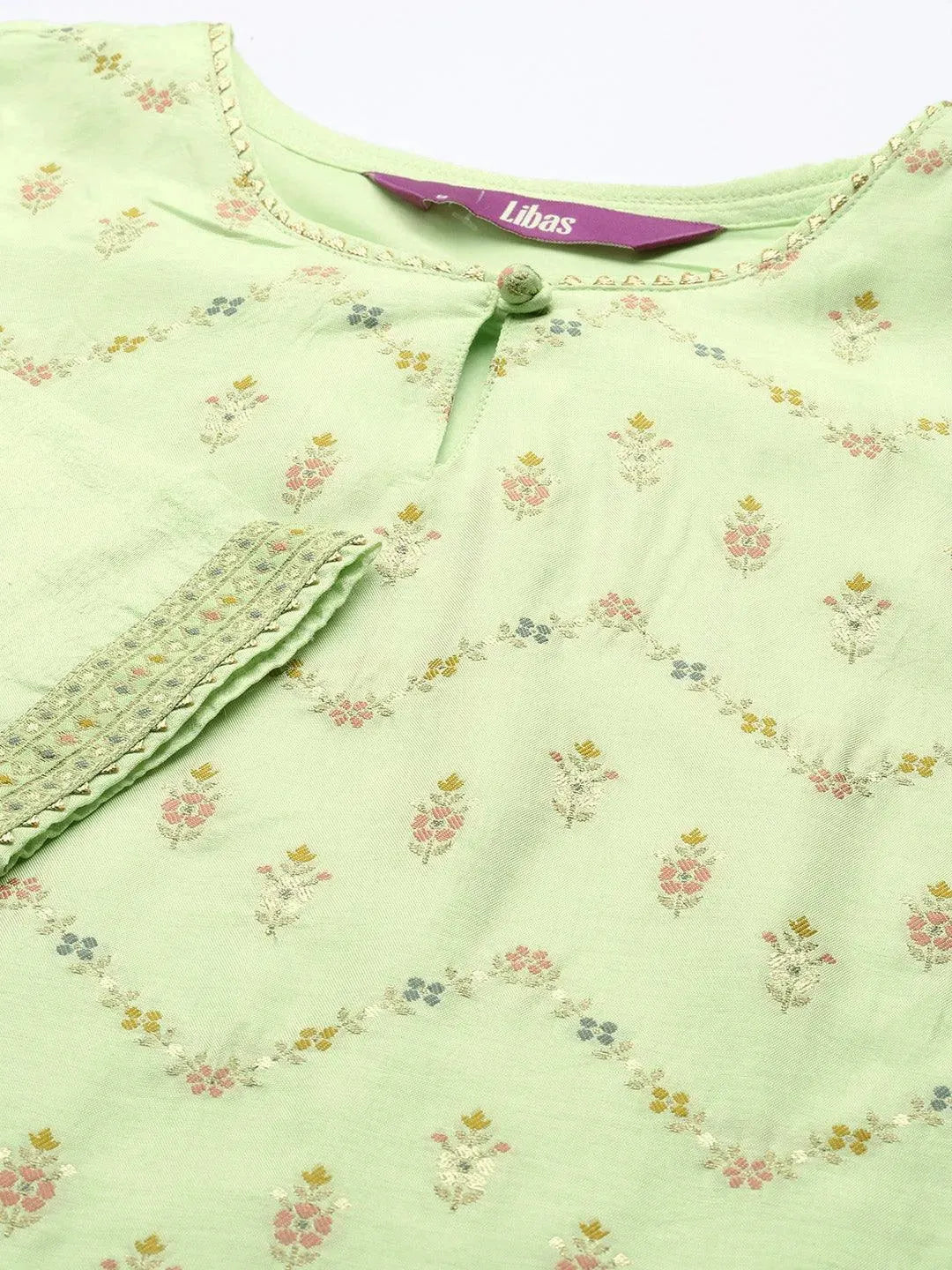 Green Woven Design Silk Suit Set - Libas 