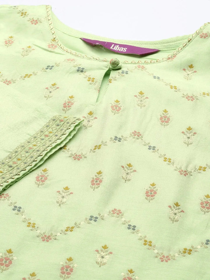 Green Woven Design Silk Suit Set - Libas