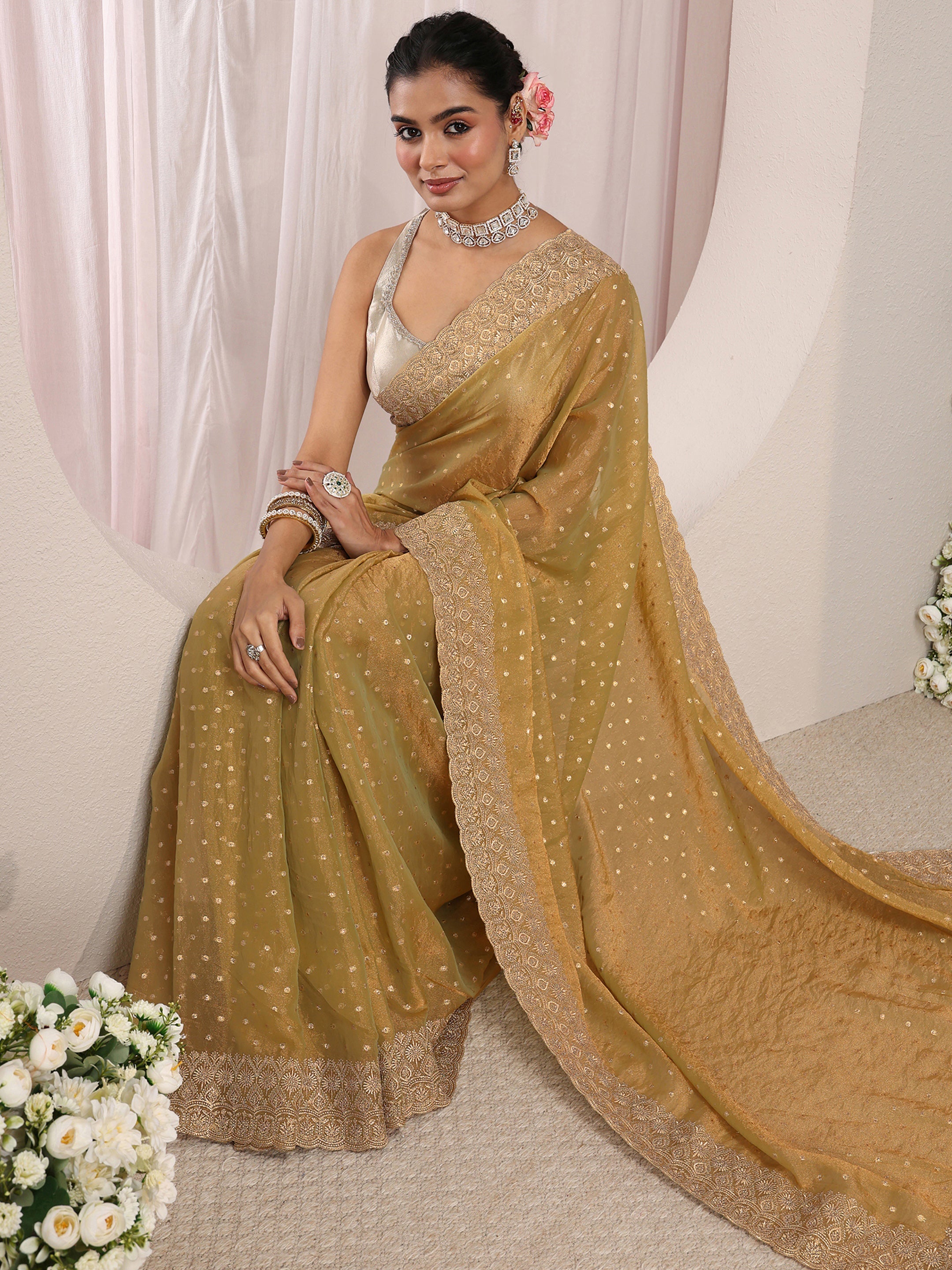 libas Green Woven Design Tissue Saree With Unstitched Blouse Piece-picture-24