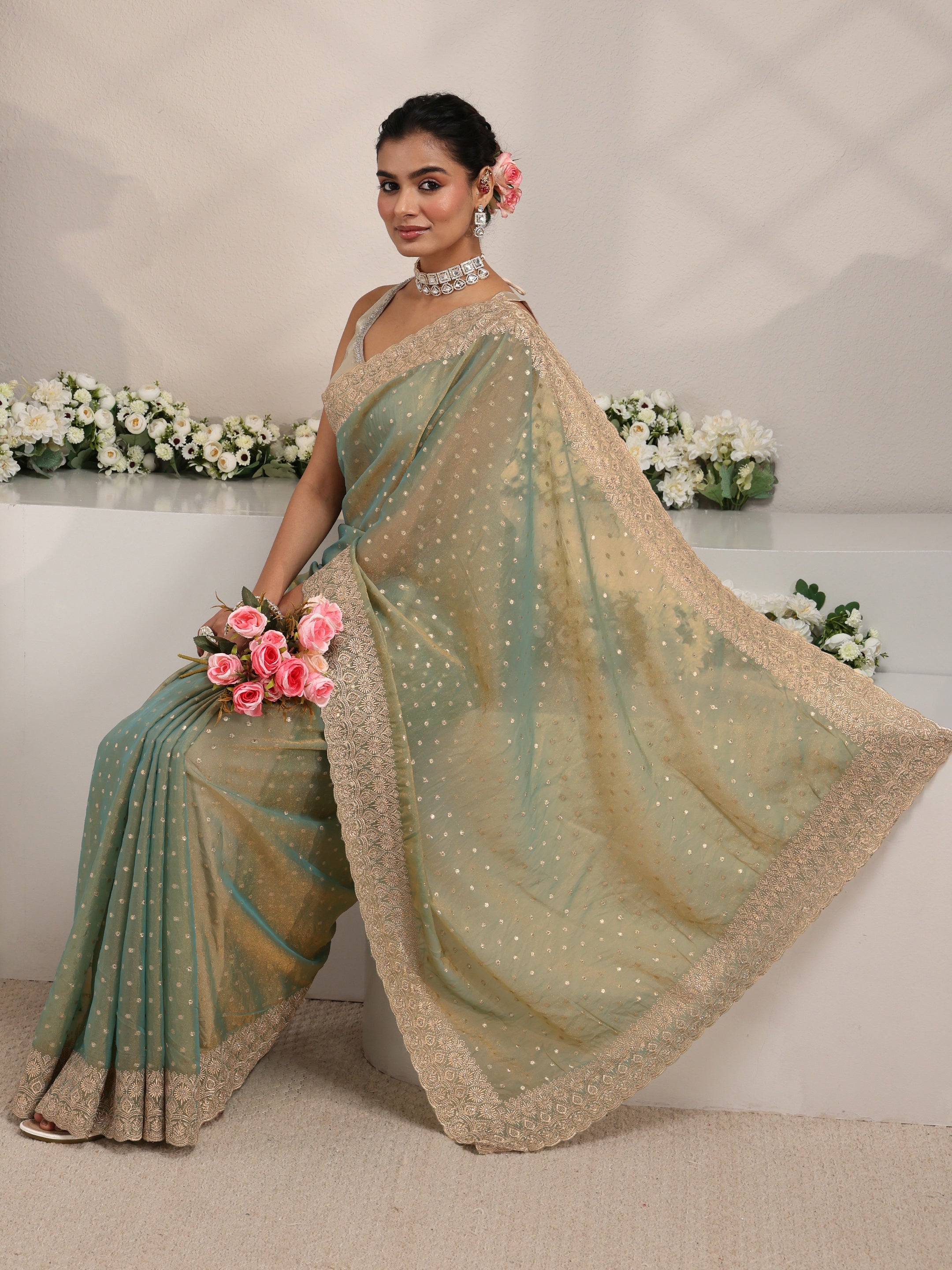 libas Green Woven Design Tissue Saree With Unstitched Blouse Piece-picture-66