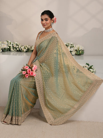 Green Woven Design Tissue Saree With Unstitched Blouse Piece