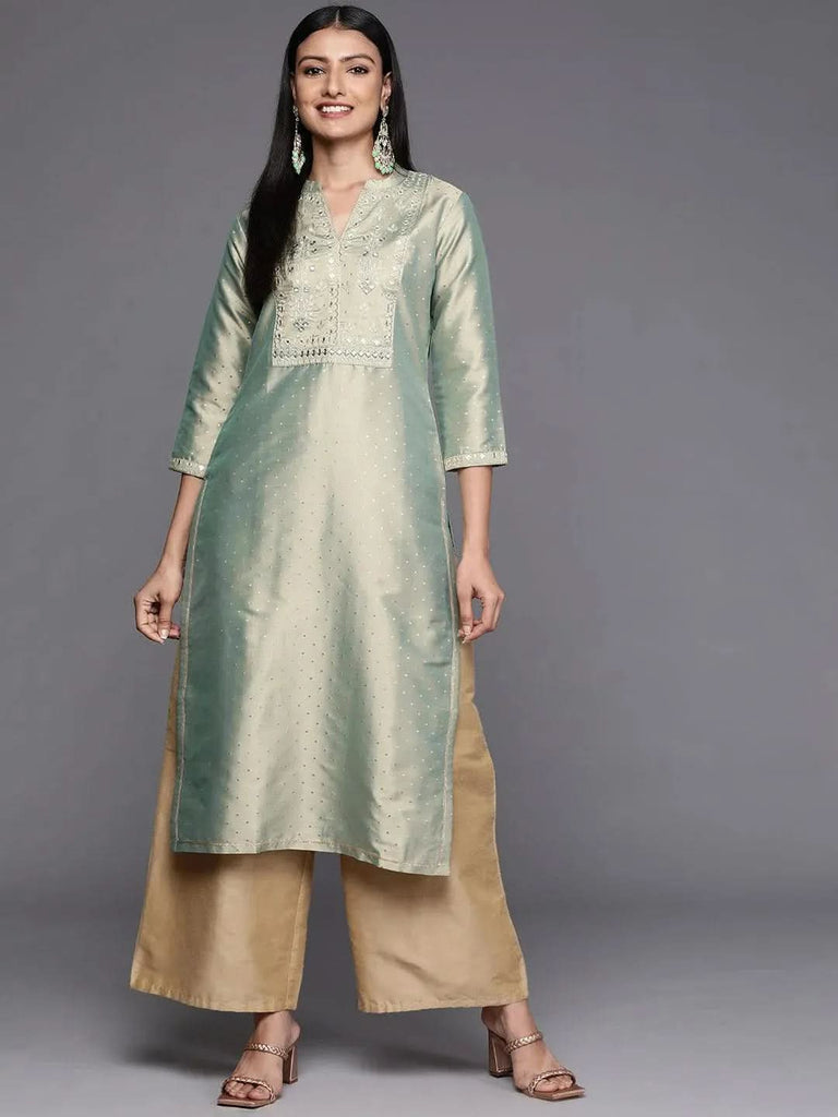 Libas Green Yoke Design Art Silk Straight Kurta