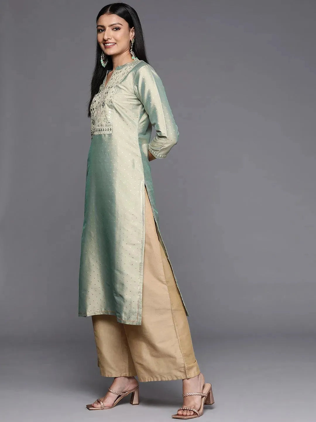 Green Yoke Design Art Silk Straight Kurta - Libas 