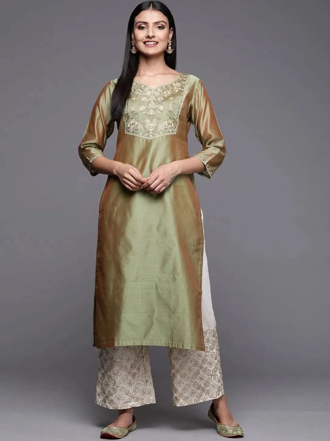 Green Yoke Design Chanderi Cotton Straight Kurta - Libas 