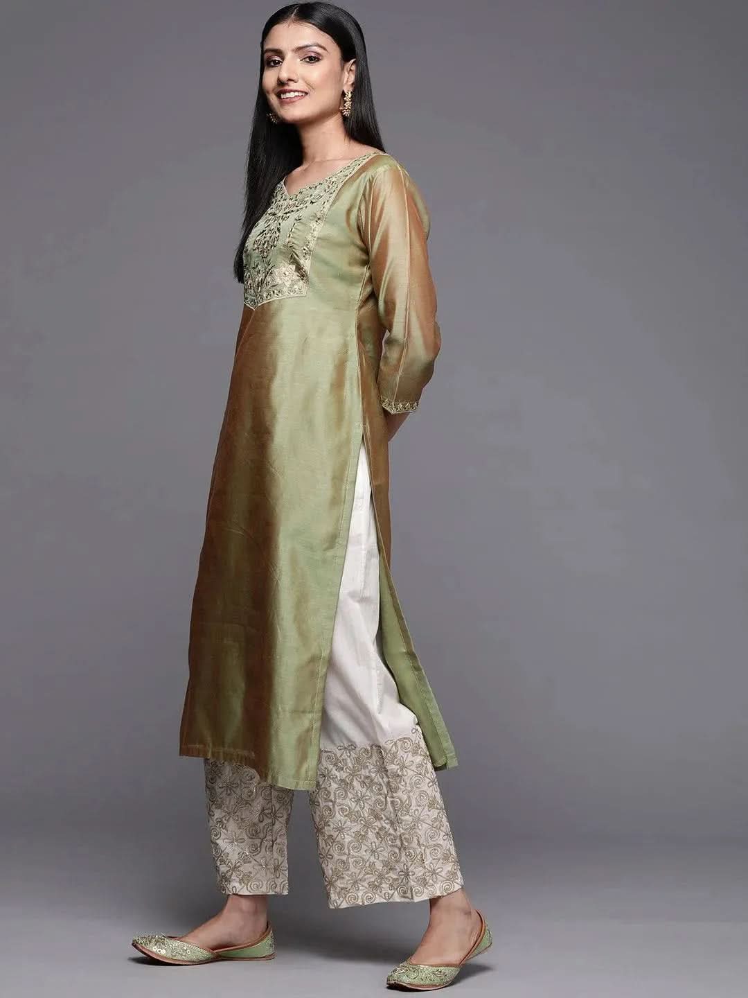 Green Yoke Design Chanderi Cotton Straight Kurta - Libas 