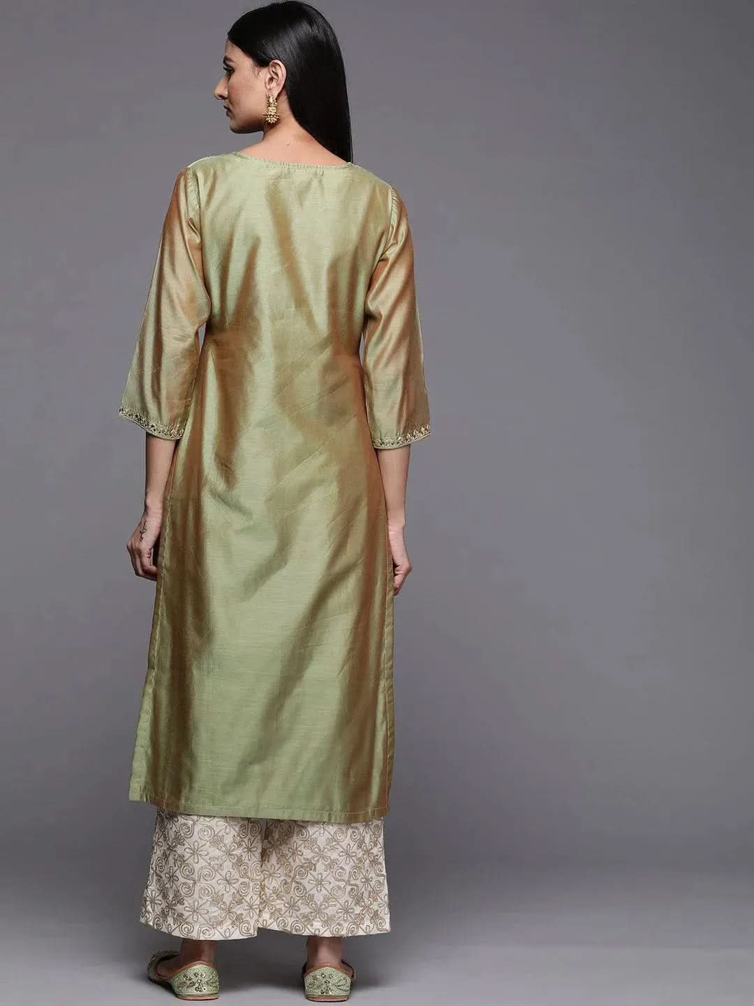 Green Yoke Design Chanderi Cotton Straight Kurta - Libas 