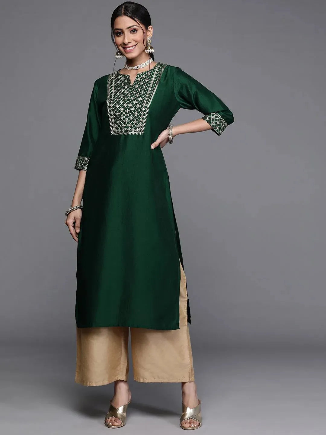

Buy Green Yoke Design Chanderi Silk Kurta - 22218E- | Libas Ethnic Wear Online