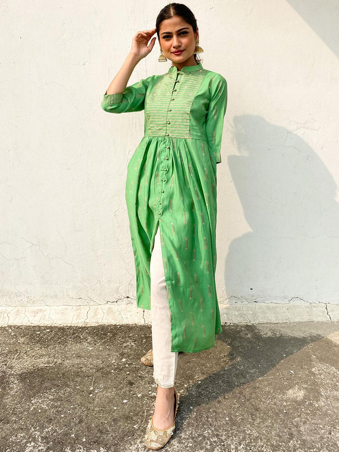 Green Yoke Design Chanderi Silk Kurta