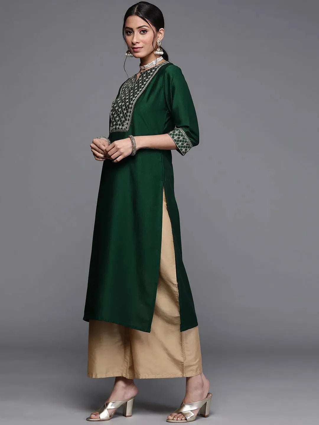 Green Yoke Design Chanderi Silk Kurta - Libas