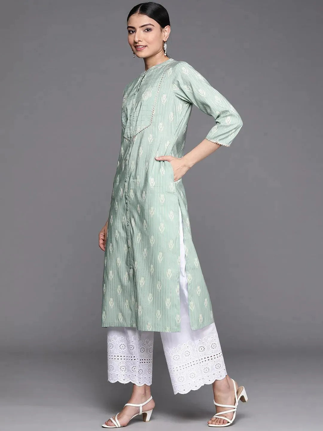 Green Yoke Design Chanderi Silk Kurta - Libas 