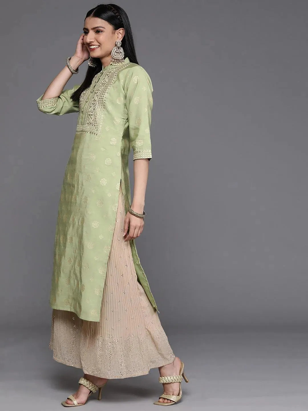 Green Yoke Design Chanderi Silk Kurta - Libas