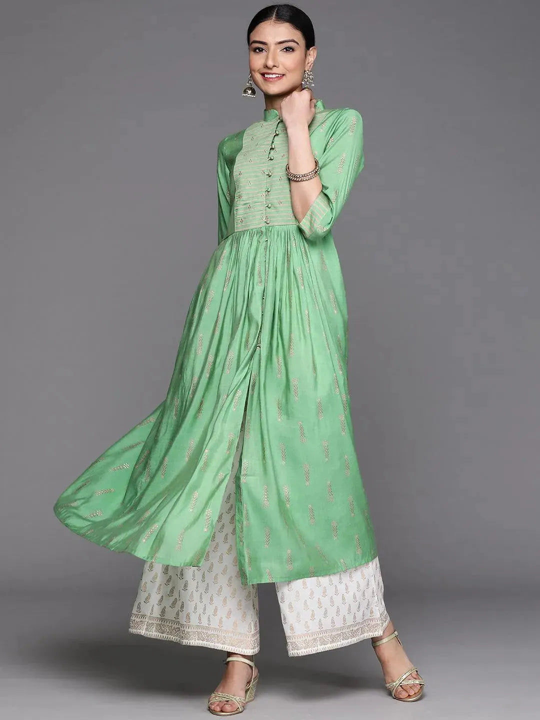 Green Yoke Design Chanderi Silk Kurta - Libas