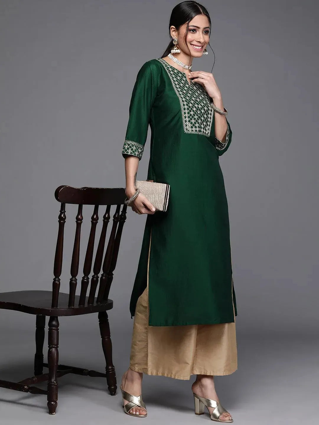 Green Yoke Design Chanderi Silk Kurta - Libas