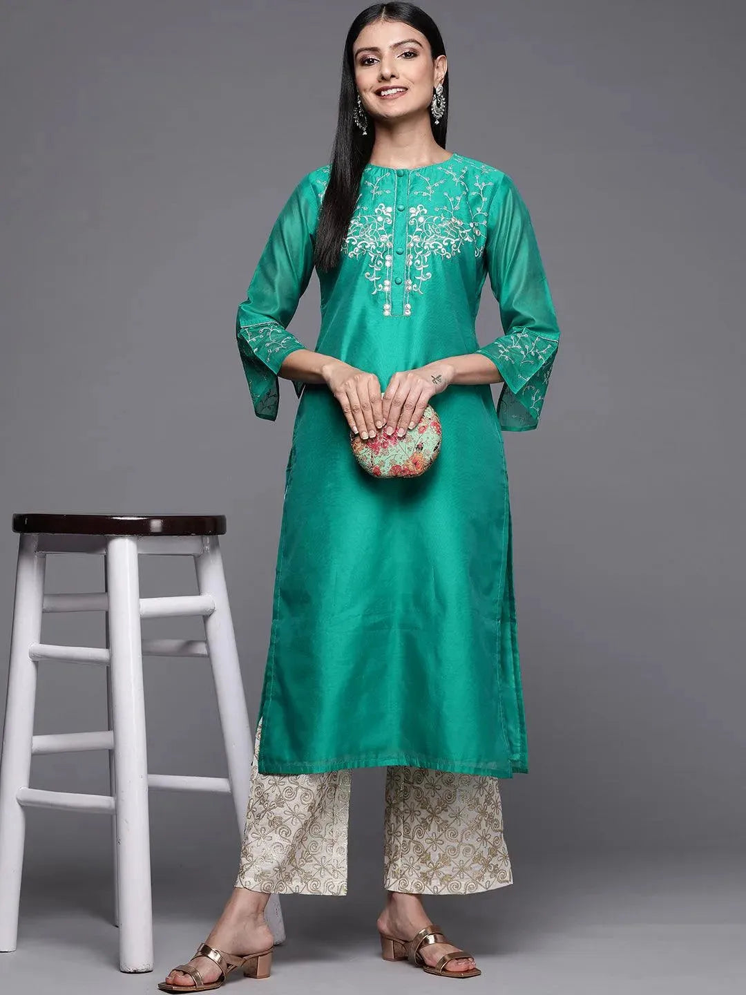 Green Yoke Design Chanderi Silk Straight Kurta - Libas