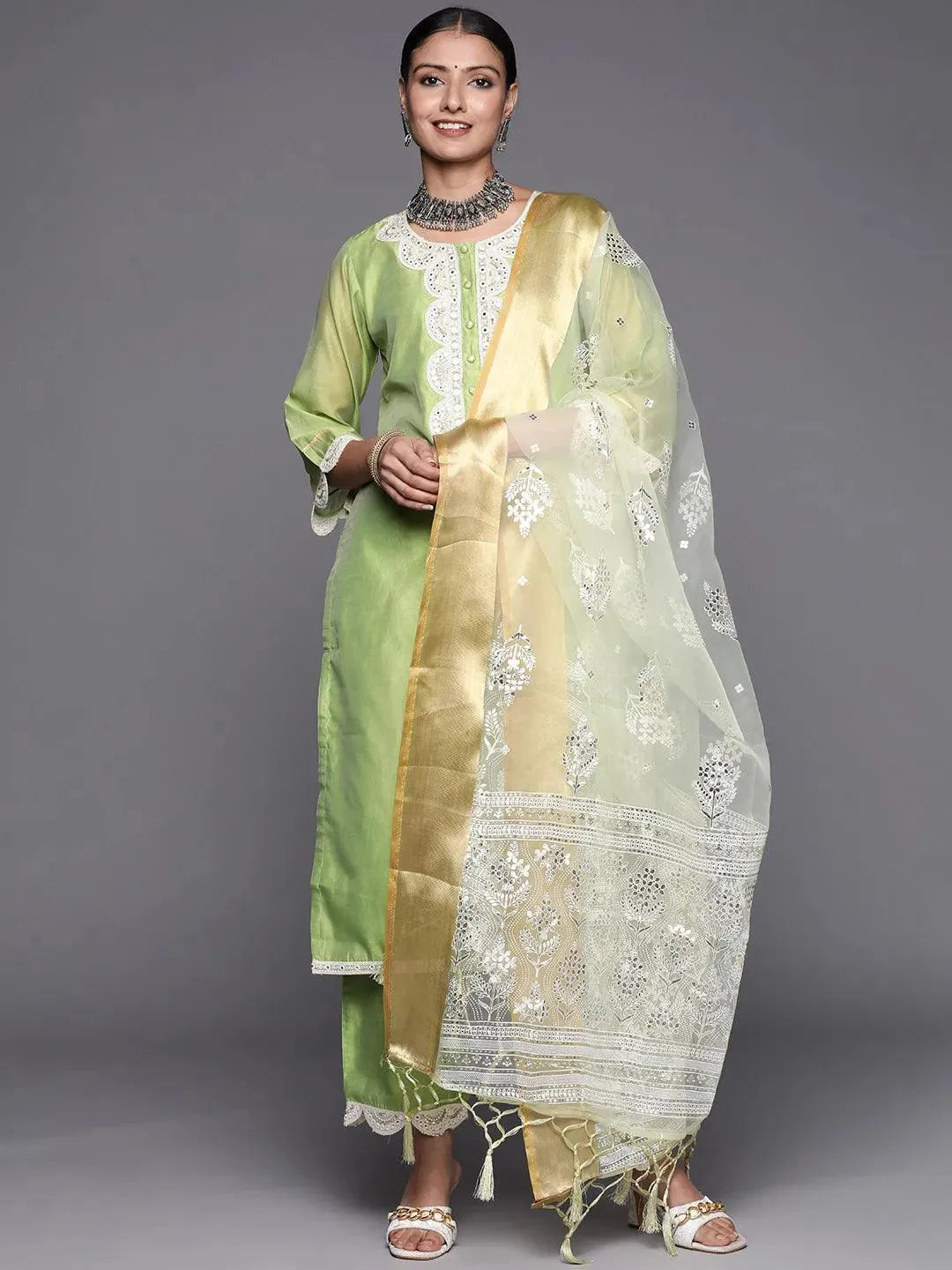 Green Yoke Design Chanderi Silk Straight Suit Set - Libas