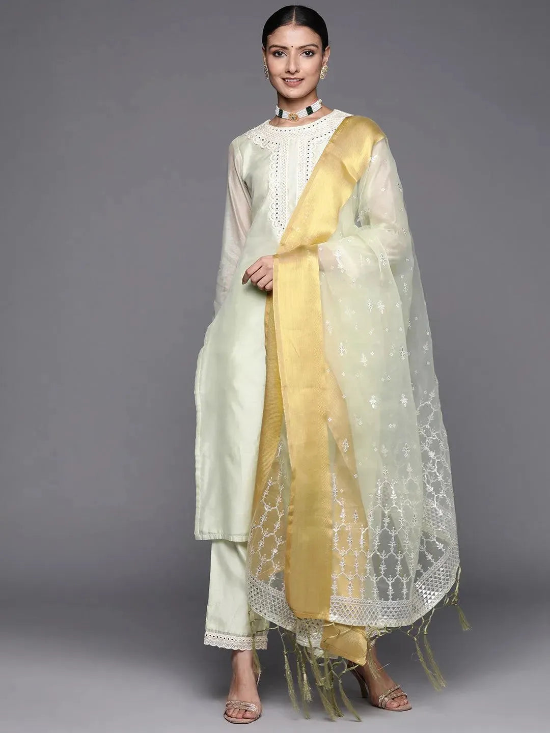 Green Yoke Design Chanderi Silk Straight Suit Set - Libas