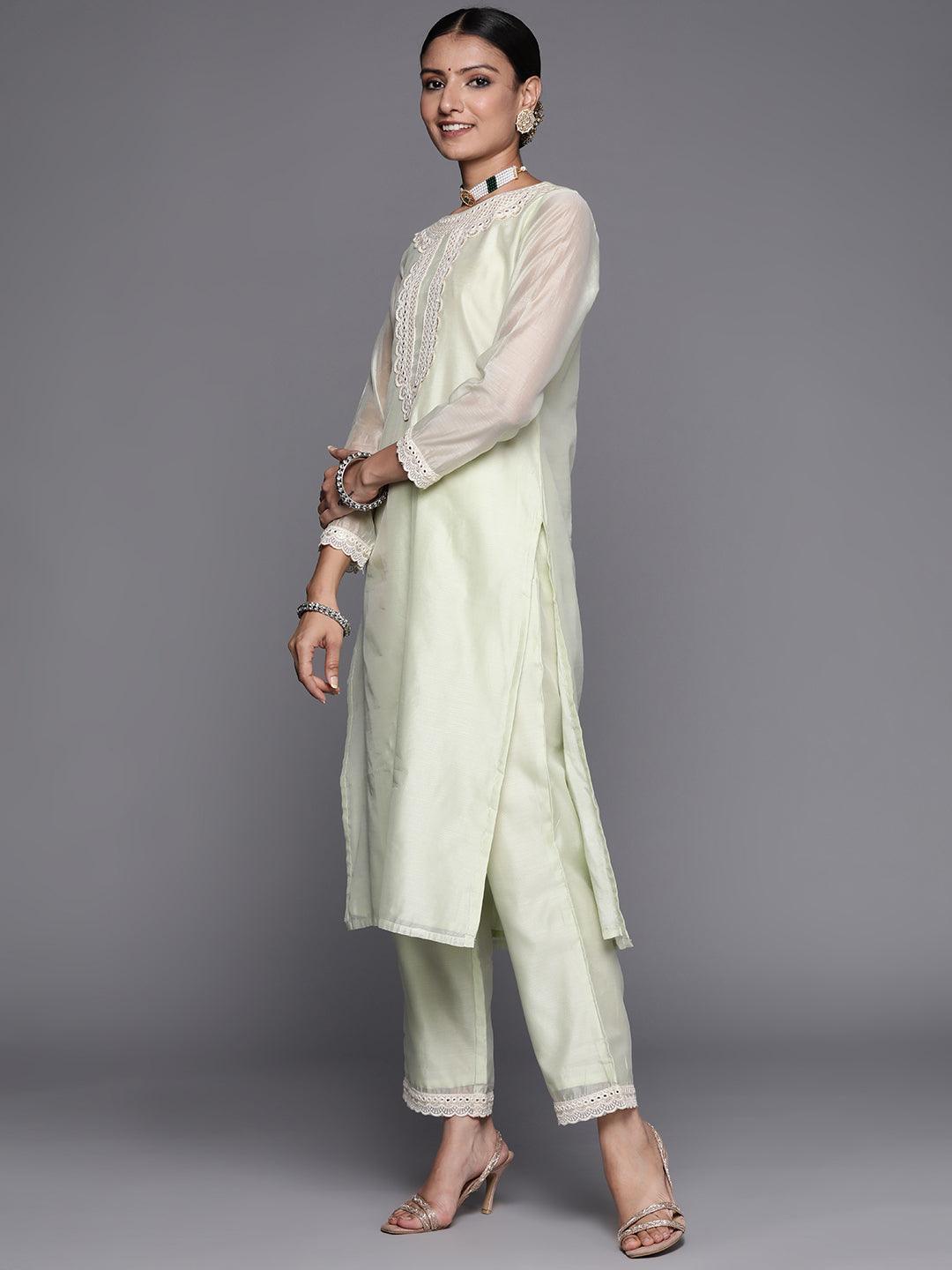 Green Yoke Design Chanderi Silk Straight Suit Set - Libas